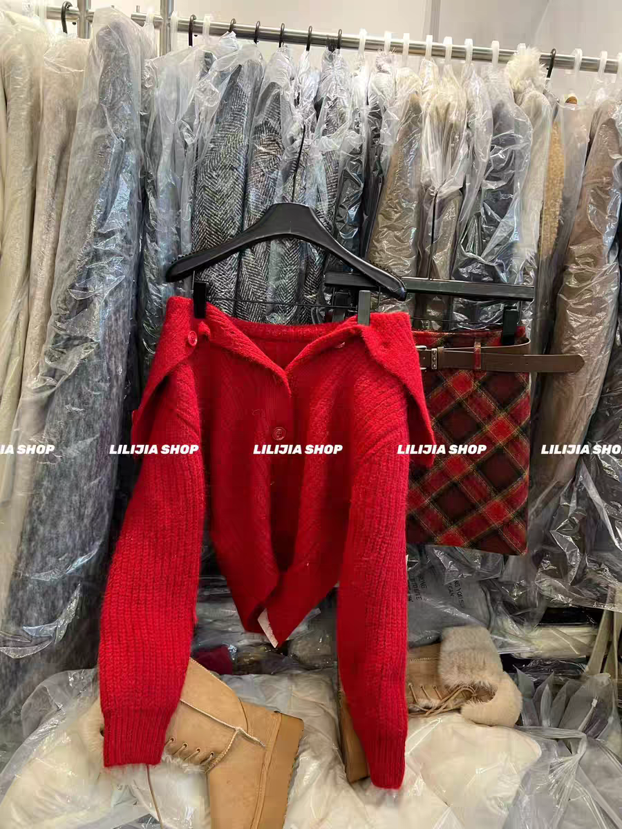 MH家 2025冬季新款圣诞红色毛衣韩版宽松显瘦百搭翻领针织开衫,女装/女士精品,毛衣,淘宝优惠券,粉丝福利购,淘宝优惠卷