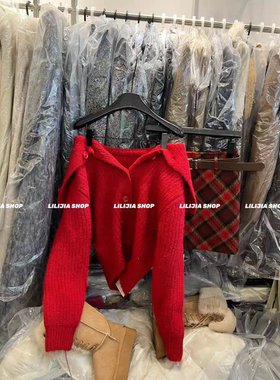 MH家 2025冬季新款圣诞红色毛衣韩版宽松显瘦百搭翻领针织开衫