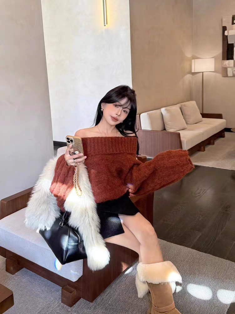 MH家 韩版十三行2025冬季新款麻花针织宽松长袖高领一字肩毛衣