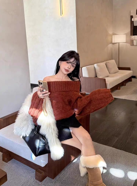 MH家 韩版十三行2025冬季新款麻花针织宽松长袖高领一字肩毛衣