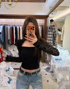 MH家 法式梯领蕾丝t恤女长袖女2026春季新款韩系上衣打底衫女