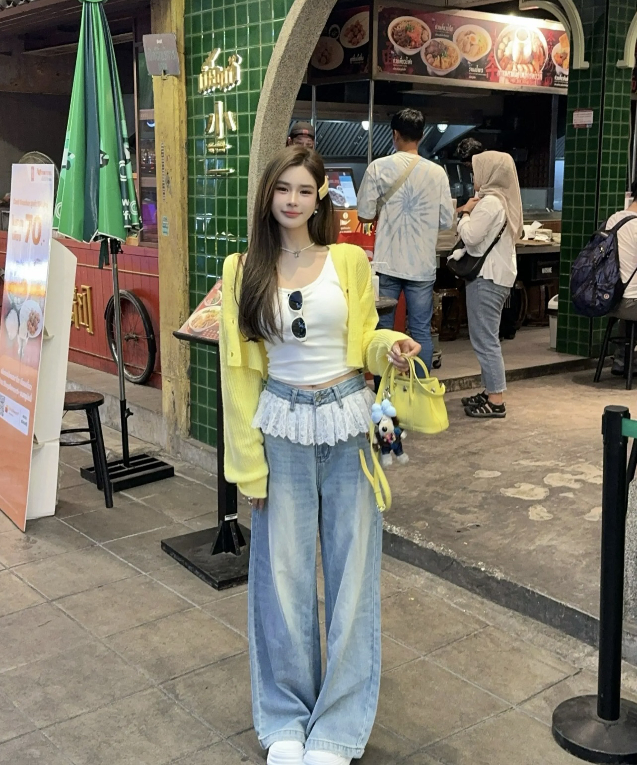 MH家 2025春季新款设计感小众蕾丝拼接高腰牛仔裤女直筒长裤