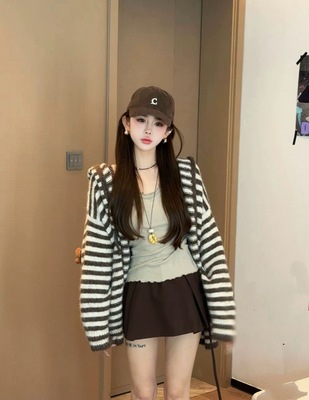 MH家 韩系慵懒风软糯条纹连帽针织开衫女春秋宽松百搭毛衣外套