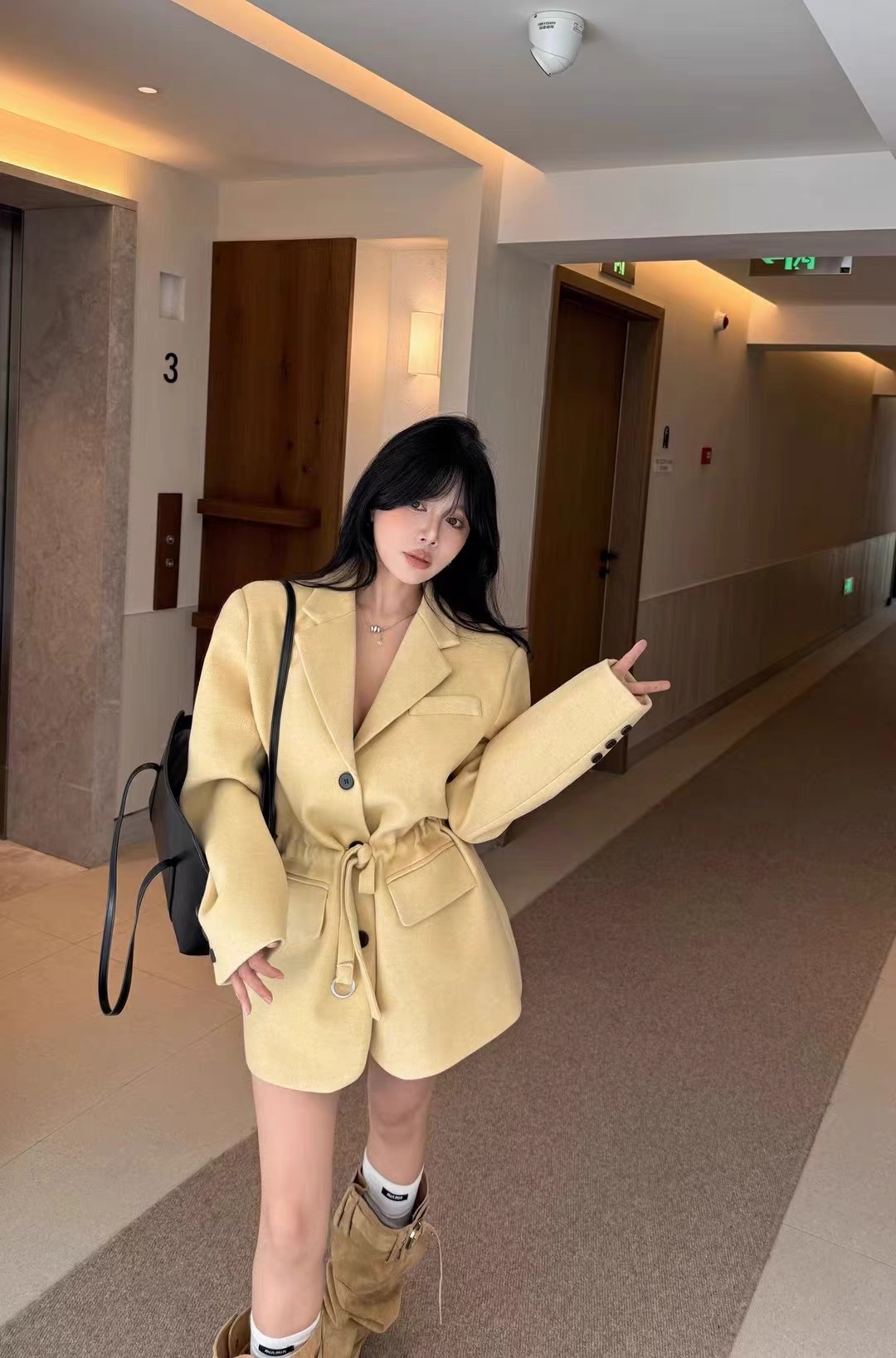 MH家 毛呢外套女2025秋冬韩版时尚百搭宽松抽绳显瘦西装大衣