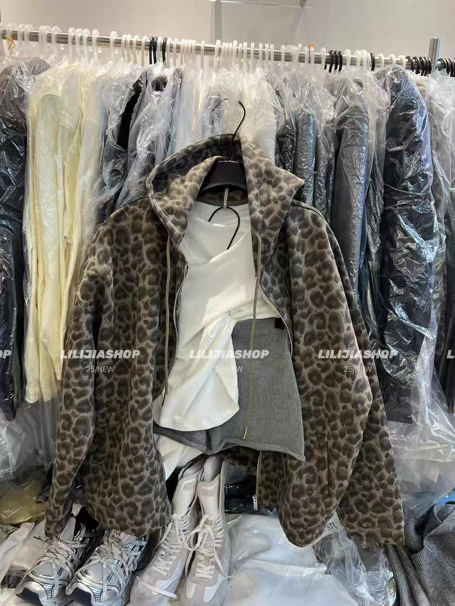 MH家 韩版女装2025秋装新款宽松连帽拉链豹纹卫衣外套女