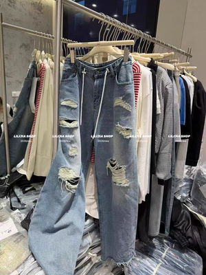 MH家 2026新款韩版时尚百搭抽绳破洞牛仔裤宽松阔腿薄长裤