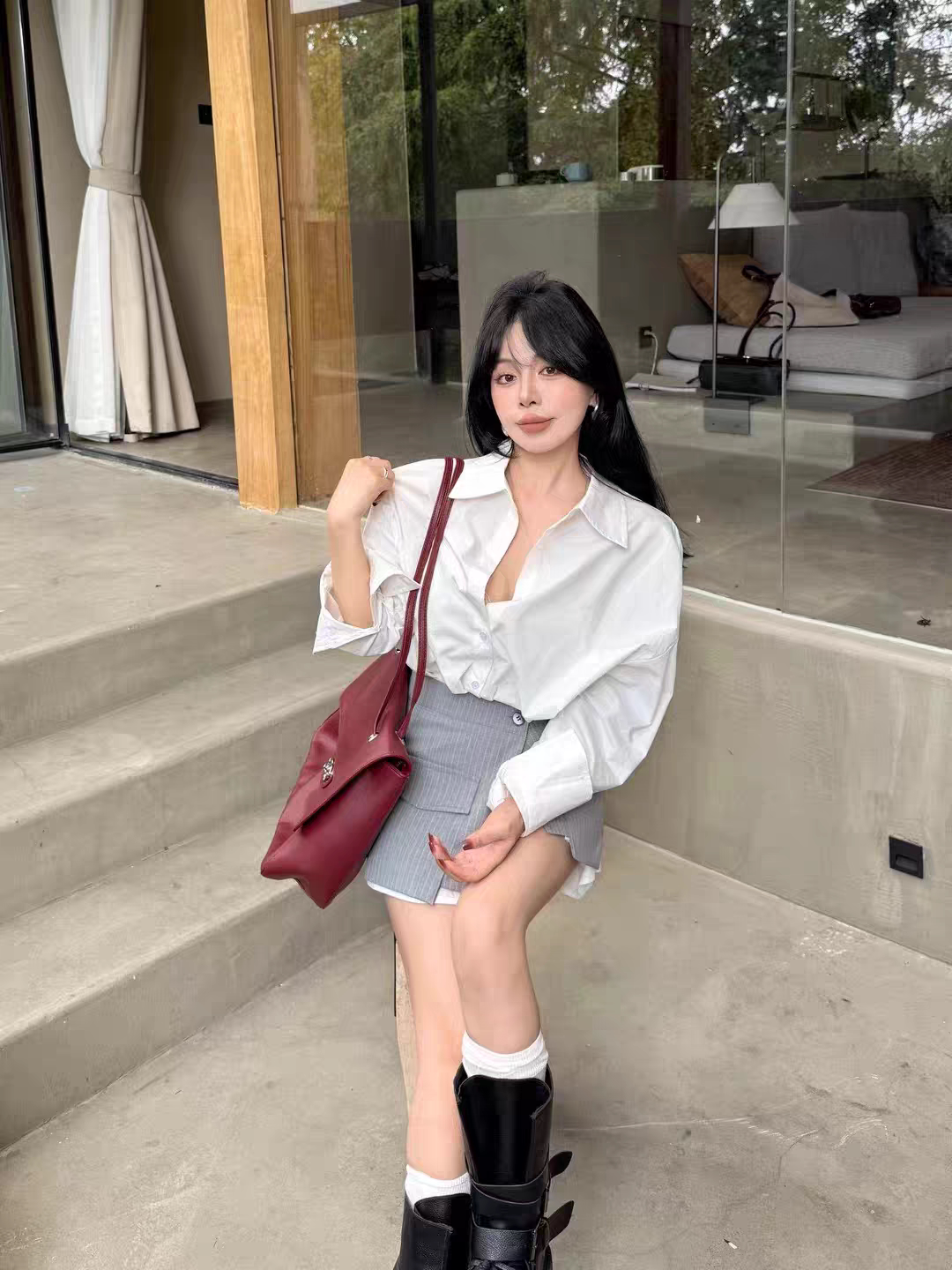 MH家 2026秋季新款韩版时尚百搭翻领长袖衬衫+条纹裙屁帘套装女