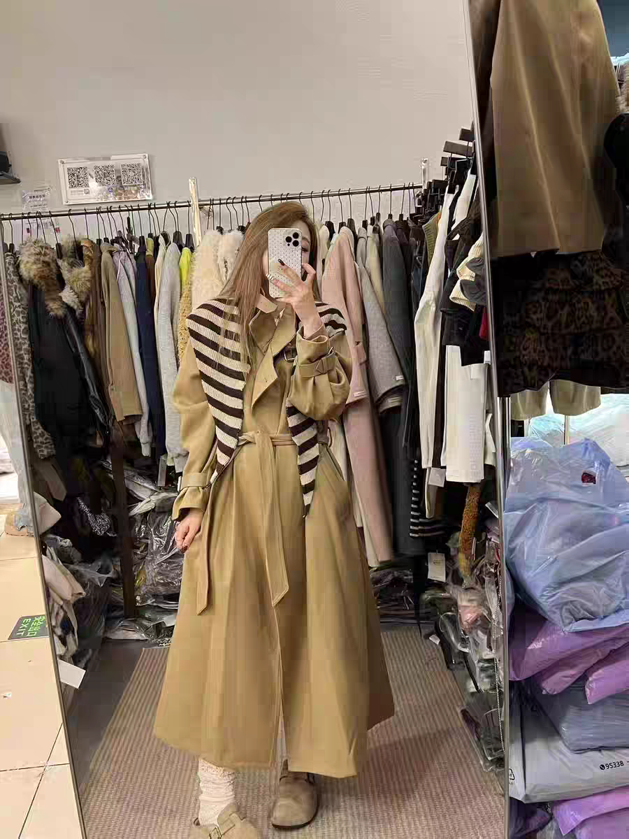 MH家 2025秋新款韩版时尚百搭宽松显瘦中长款条纹披肩风衣外套