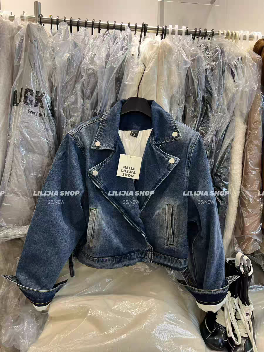 MH家 蓝色西装领牛仔外套女2025秋冬设计感气质百搭羽绒短外套