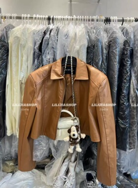 MH家 2025秋季新款韩版翻领短款黑色皮衣时尚高腰皮夹克外套女