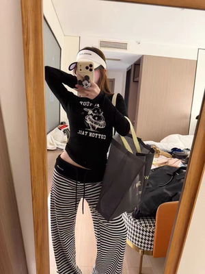 MH家 2026年春季新款韩版卡通印花拉肩长袖t恤女修身显瘦上衣