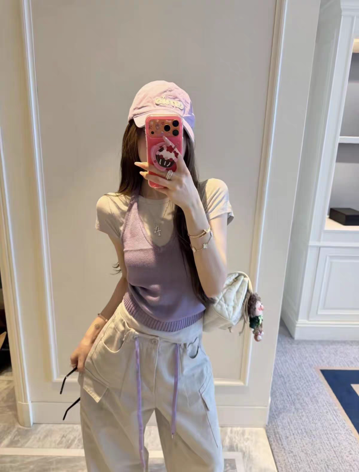 MH家 韩版时尚百搭显瘦纯色短袖T恤+挂脖针织背心两件套女