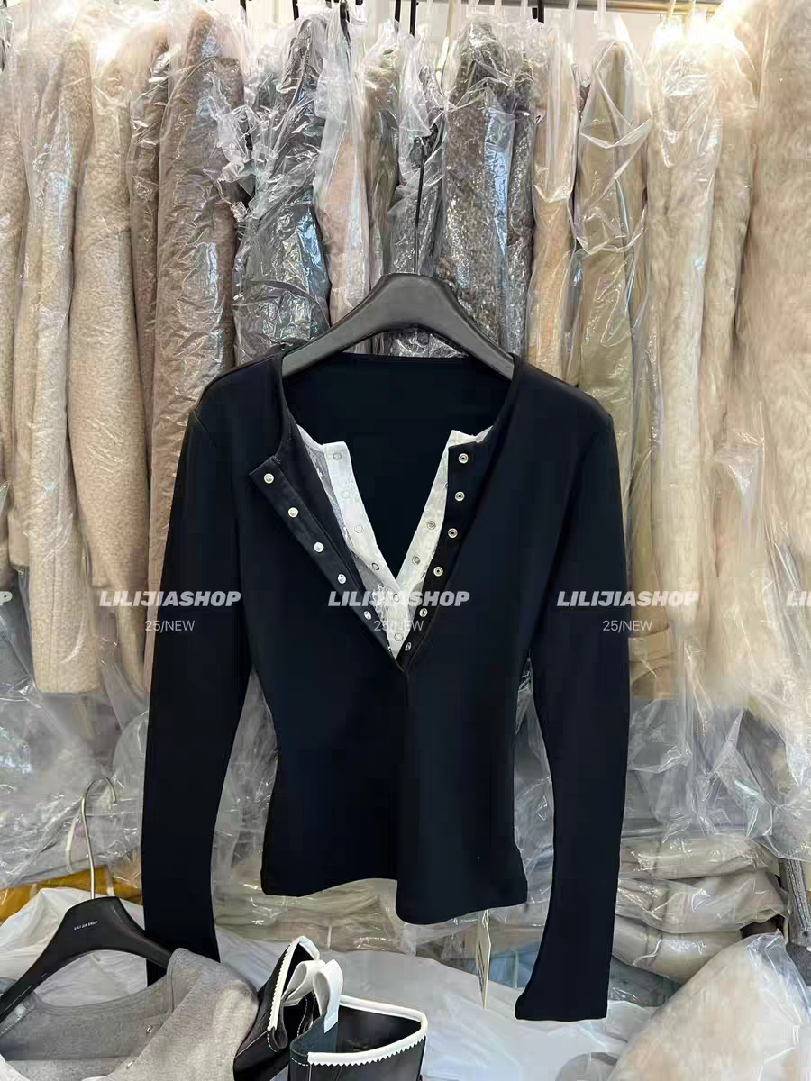 MH家 2025秋冬新款韩版时尚百搭修身显瘦蕾丝假两件加绒长袖T恤