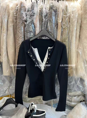 MH家 2025秋冬新款韩版时尚百搭修身显瘦蕾丝假两件加绒长袖T恤