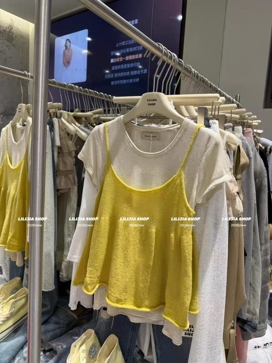 MH家 针织吊带背心两件套女2026夏新款叠穿短袖针织衫显瘦上衣