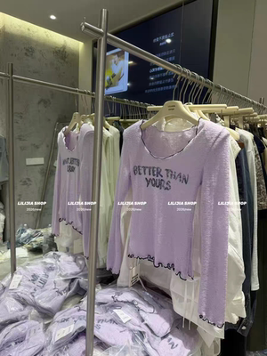 MH家 韩版时尚百搭宽松设计感波浪边微透字母印花长袖薄款T恤女