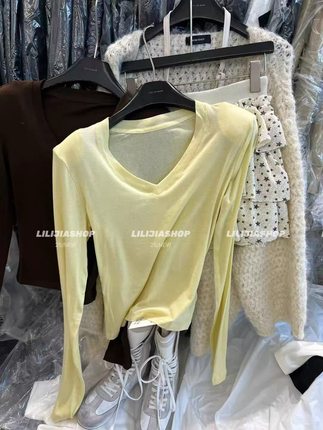 MH家 2025秋季新款韩版时尚百搭显瘦修身V领纯色长袖t恤打底衫