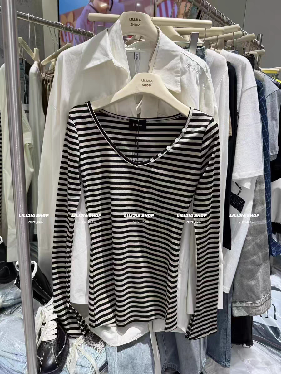 MH家 2026新款韩版时尚百搭条纹长袖打底衫女紧身收腰上衣