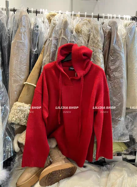 MH家 2025冬韩版宽松显瘦百搭连帽针织衫女慵懒风圣诞红色毛衣