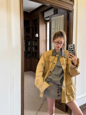 MH家 2026春季韩版宽松休闲百搭工装拼色领牛仔外套女短款夹克