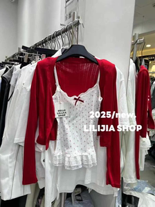 MH家 白色蝴蝶结蕾丝花边吊带背心女内搭外穿短款开衫两件套女