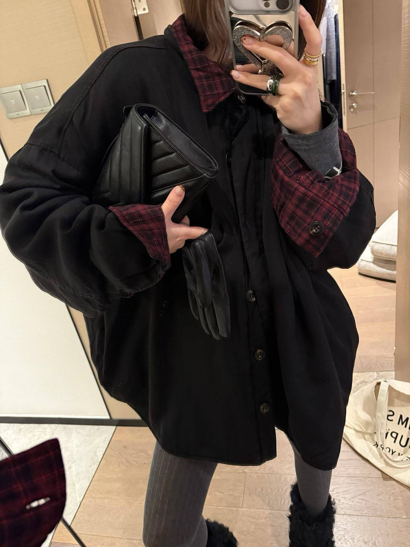 MH家 复古红色格纹衬衫棉衣女秋冬宽松慵懒加厚保暖翻领休闲外套