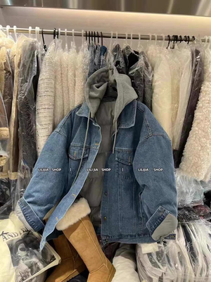 MH家 2025秋冬新款休闲简约连帽撞色复古风夹羽绒服牛仔衣外套