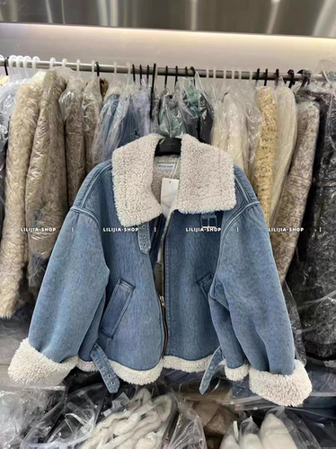 MH家 韩国东大门2025秋冬女装新拉链翻领羊羔毛拼接牛仔外套