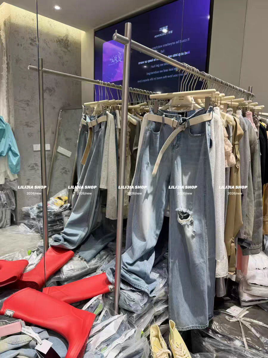 MH家 膝盖破洞阔腿牛仔裤女2026春季新款高腰宽松浅蓝色拖地裤