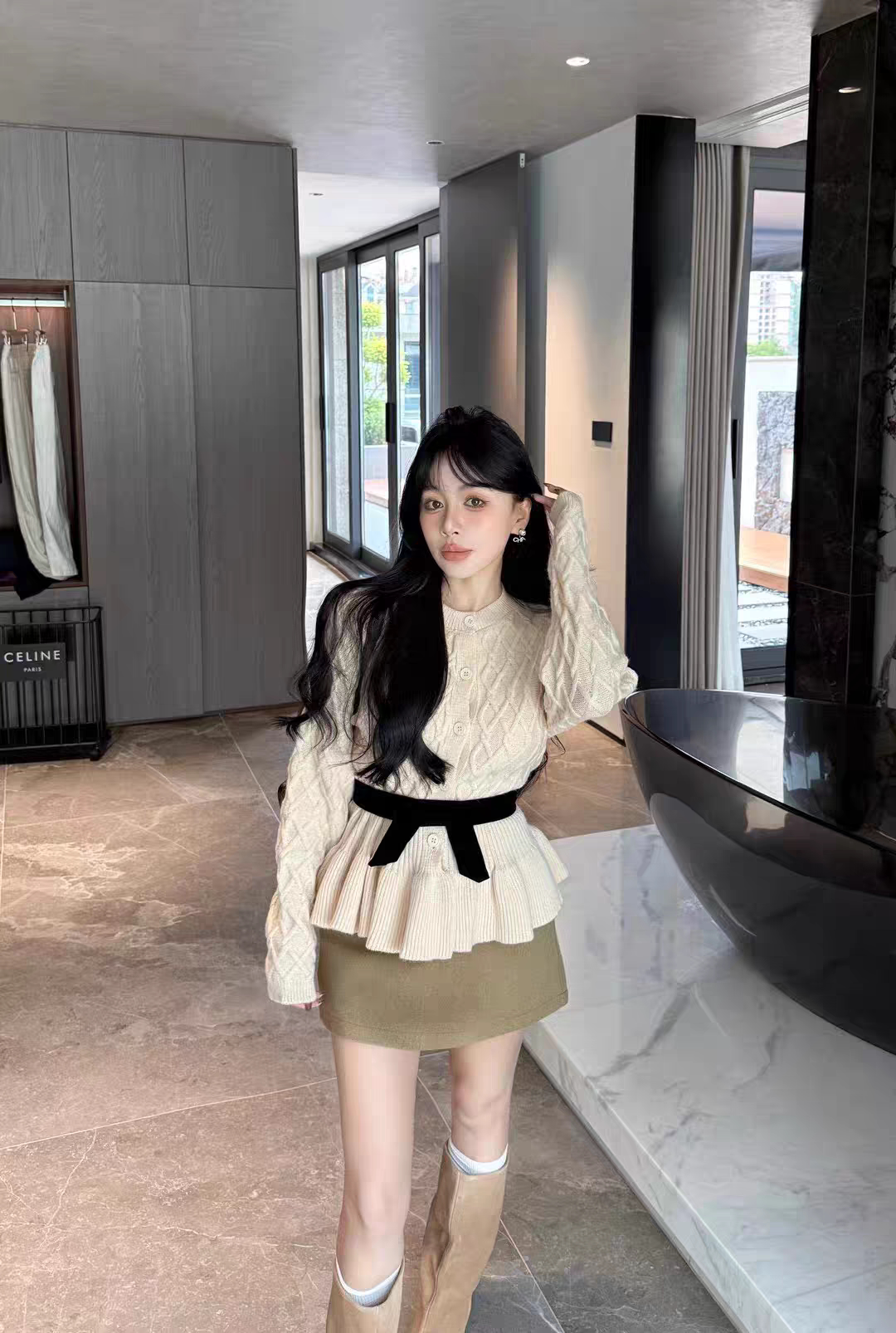 MH家 韩版时尚百搭显瘦圆领单排扣荷叶下摆长袖毛衣针织开衫女