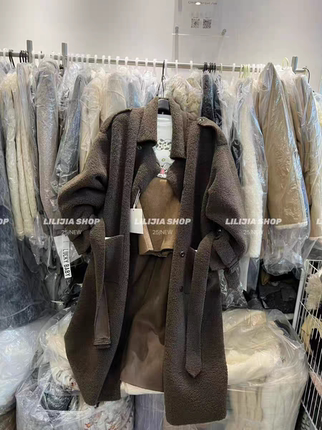 MH家 2025中长款外套女冬季韩版翻领系带复古宽松皮毛一体大衣