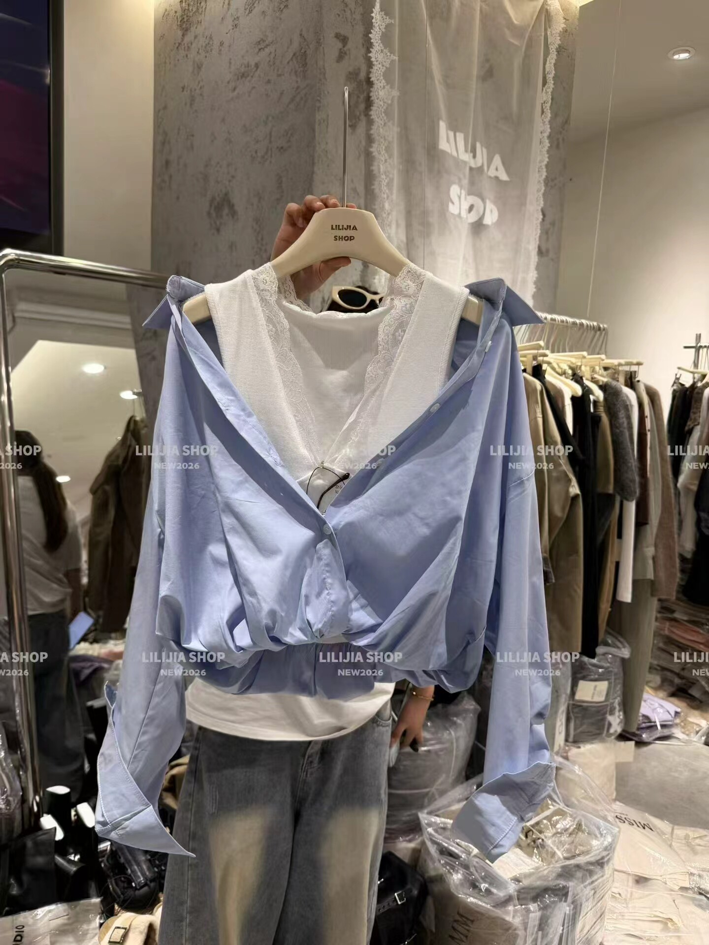 MH家 蕾丝拼接假两件衬衫女长袖设计感小众减龄衬衣短款上衣