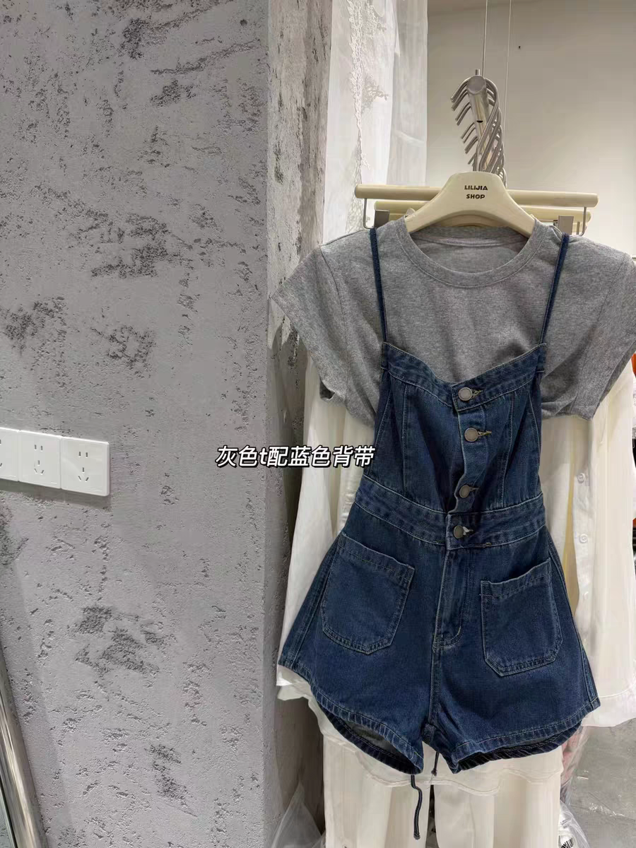 MH家 韩系吊带牛仔连体短裤女夏减龄设计感气质高腰显瘦连体衣