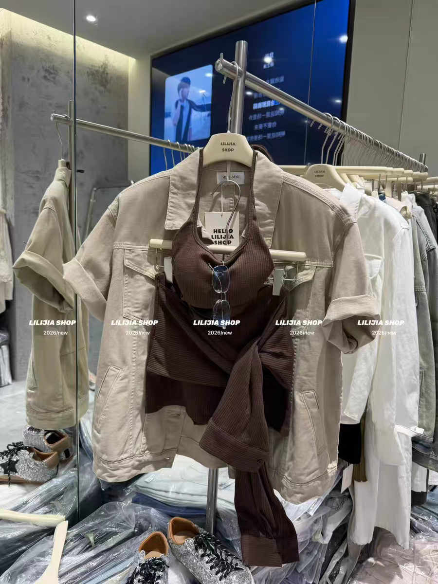 MH家 复古水洗牛仔外套三件套女宽松百搭显瘦中长款半袖外套