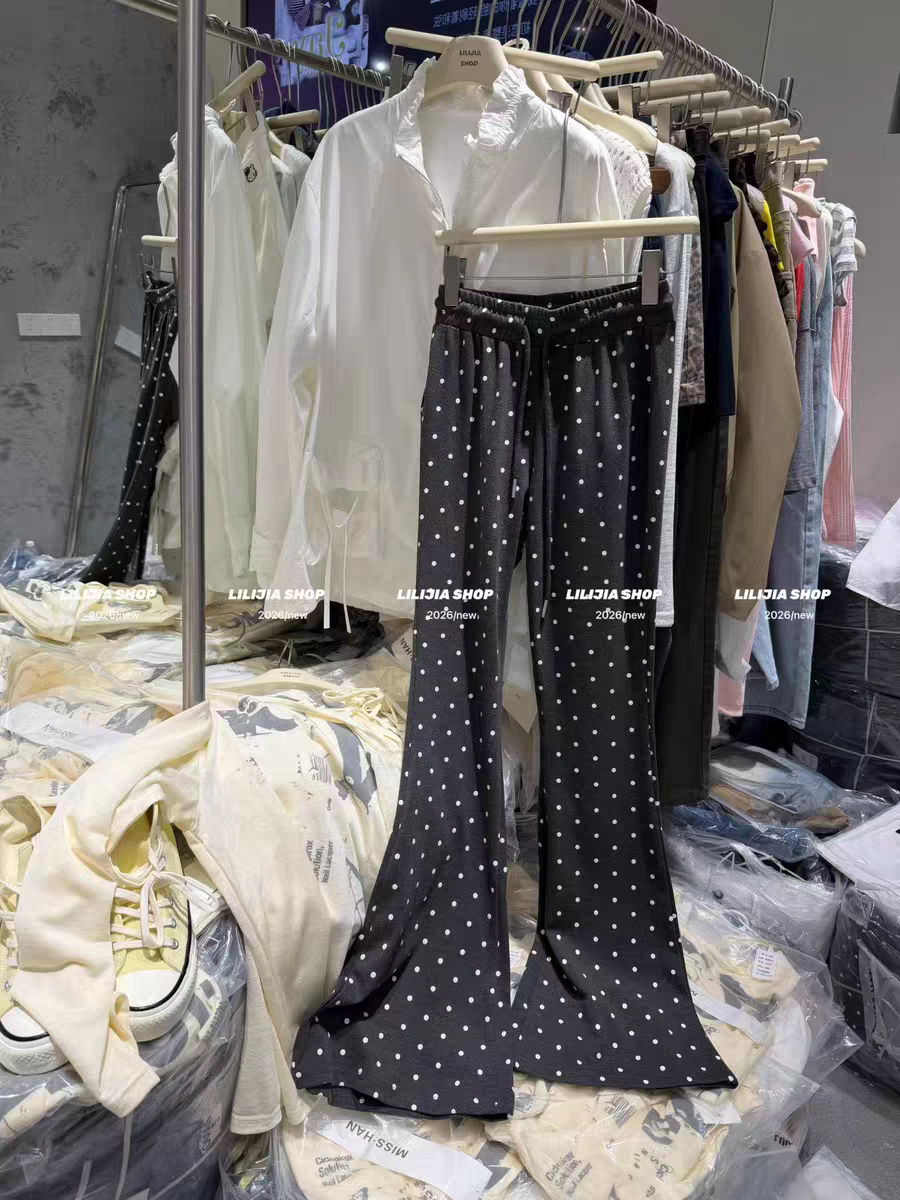 MH家 灰色波点弹力直筒微喇叭裤女春夏新款高腰休闲裤拖地长裤