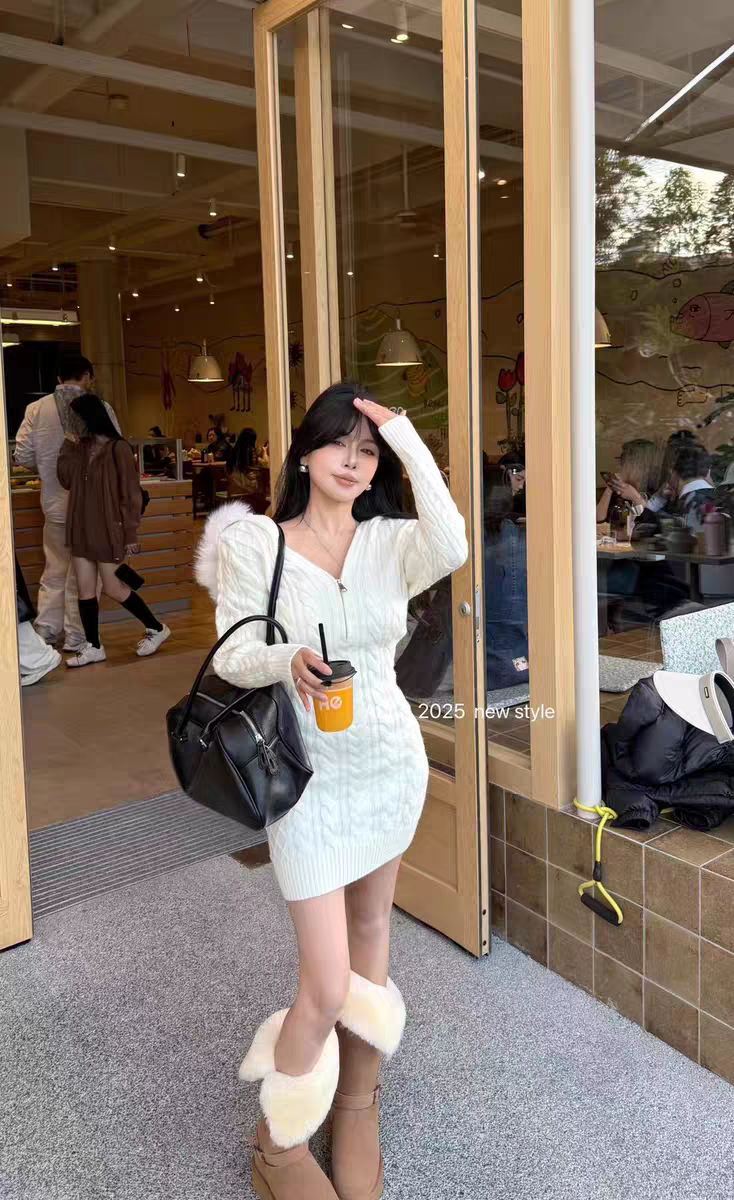 MH家 2025冬时尚百搭连帽可拆卸毛领针织毛衣连衣裙保暖包臀裙