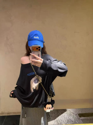 MH家 韩国东大门2026春季新款卡通可爱图案拉肩休闲舒适长袖T恤