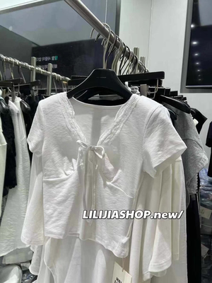 MH家 2025年夏季新款韩版通勤风V领系带蕾丝花边拼接短袖上衣女