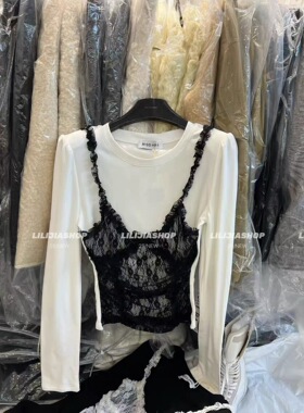 MH家 2025设计感蕾丝拼接假两件长袖T恤女新款百搭加绒显瘦上衣