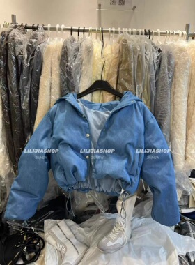 MH家 韩国2025冬新款时髦宽松牛仔连帽加厚保暖羽绒服女面包服