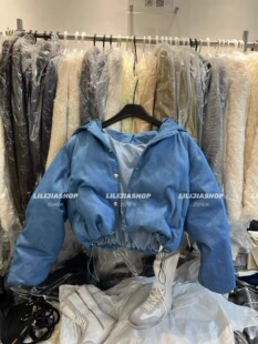 MH家 时髦宽松牛仔连帽加厚保暖羽绒服女面包服 韩国2025冬新款