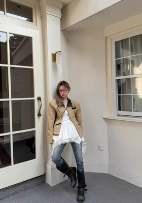 MH家 2026年春季新款垫肩翻领洋气撞色拼皮显瘦收腰外套女潮