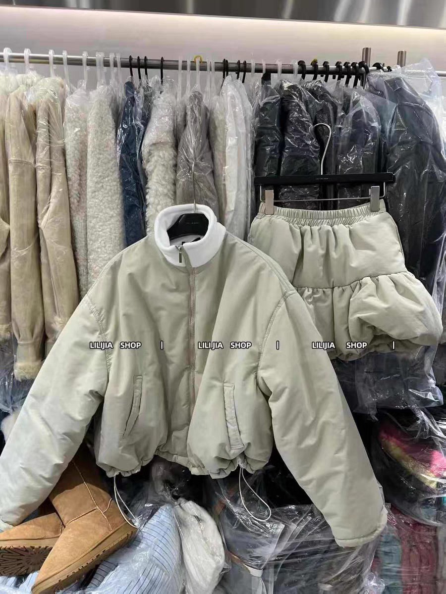 MH家 2026冬韩版宽松立领短款羽绒棉服夹克外套女高腰半裙套装