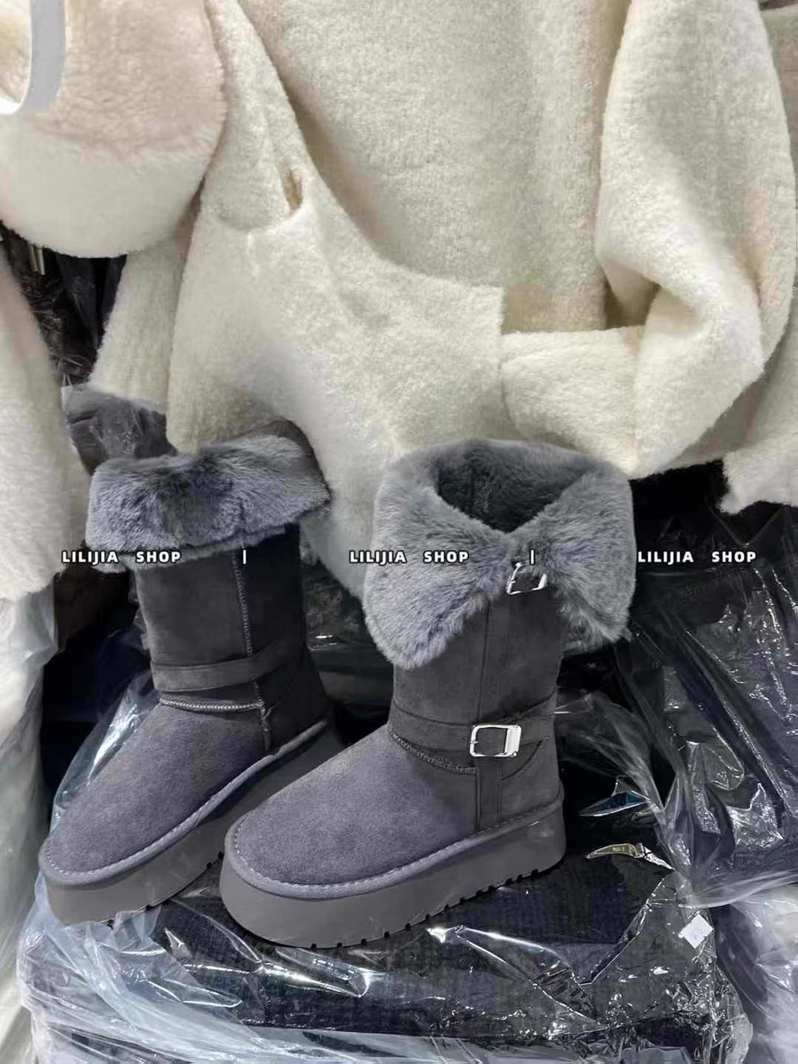 MH家 灰色厚底搭扣加绒长筒雪地靴女2024秋冬新款小众百搭棉鞋