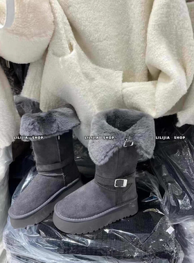 MH家 灰色厚底搭扣加绒长筒雪地靴女2024秋冬新款小众百搭棉鞋