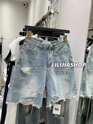 MH家 2025夏季新款韩国东大门时尚百搭破洞磨白牛仔中裤五分裤