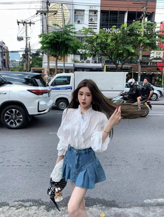 MH家 2026春蕾丝荷叶边单排扣叠穿法式长袖衬衫花边开衫上衣女