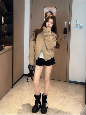 MH家 2025秋季新款韩版时尚百搭显瘦宽松立领双排扣长袖风衣女