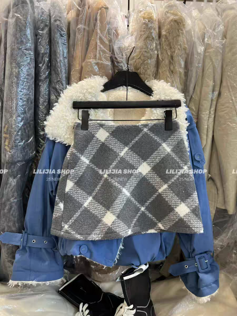MH家 复古气质格纹半身裙2025冬新款加厚毛呢高腰遮肉包臀短裙