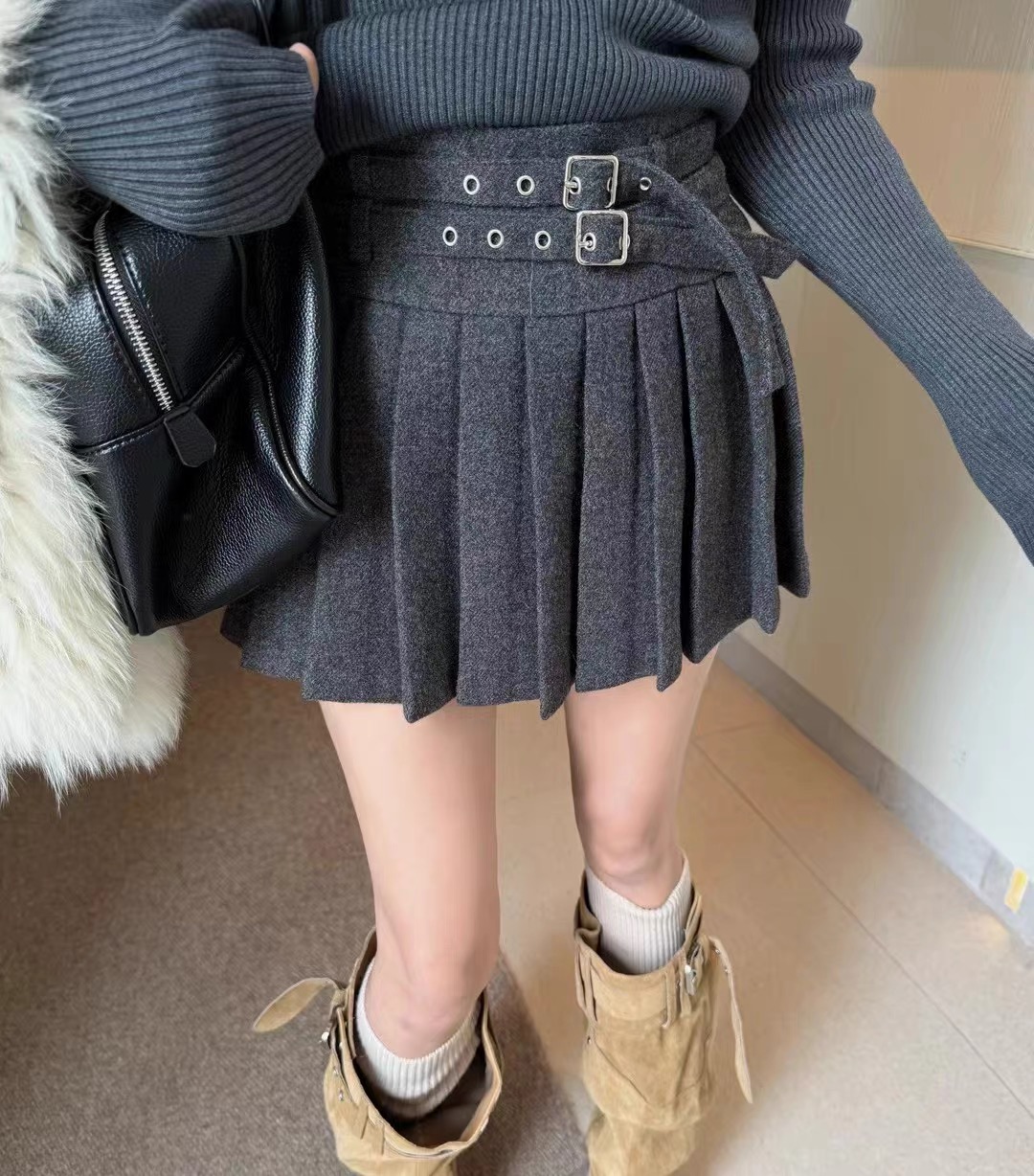 MH家 2025秋冬韩版时尚百搭高腰显瘦双腰带毛呢百褶裙女半身裙